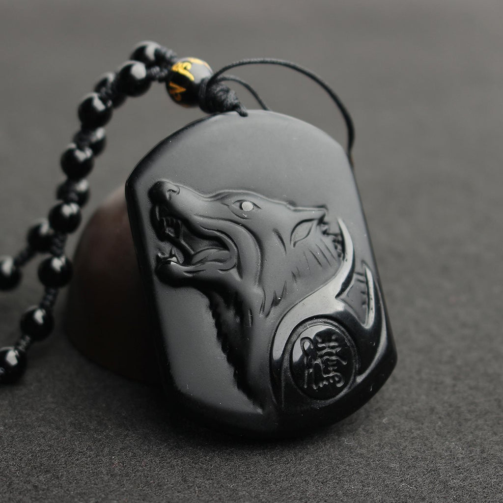 Drop Shipping Black Obsidian Wolf Necklace Carving Wolf Head Amulet Pendant  With Chain Obsidian Blessing Lucky Pendants Jewelry - Wolfmall