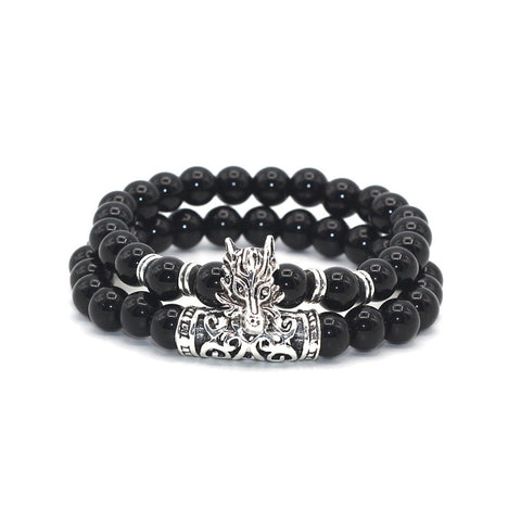 2 pcs/set Antique Silver Plated Wolf Head Charm with Lava Onyx Turquoises Natural Stone Beads Bracelet Set Pack For Men Women - Wolfmall