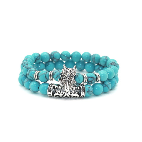 2 pcs/set Antique Silver Plated Wolf Head Charm with Lava Onyx Turquoises Natural Stone Beads Bracelet Set Pack For Men Women - Wolfmall