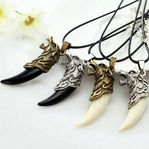 Antique Silver Tribal Stark Amulet Wolf Fang Tooth Pendant Necklace Vintage Wolf Tooth Dragon Pendant Necklace Jewelry for Men - Wolfmall