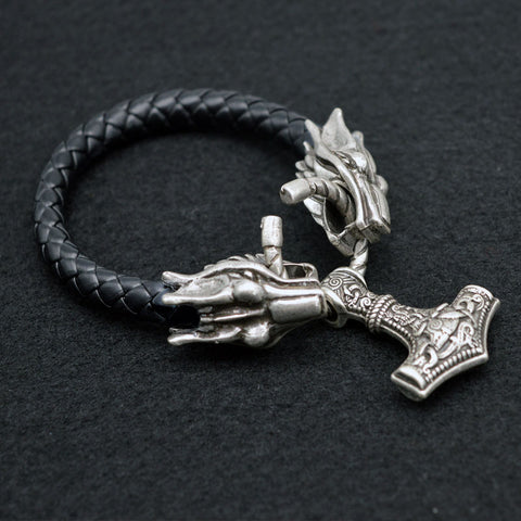 1pcs Norse Viking Dragon Wolf Bracelet With Thor Hammer Mjolnir Bracelet For Men's Birthday Gift Viking Amulet Jewelry BT19 - Wolfmall