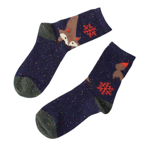 women casual vintage socks Retro animals patterns rabbit wool socks autumn winter cute cartoon fox wolf warm cotton socks lm75 - Wolfmall