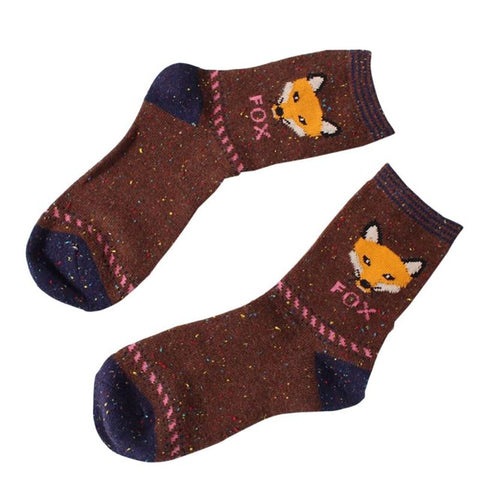 women casual vintage socks Retro animals patterns rabbit wool socks autumn winter cute cartoon fox wolf warm cotton socks lm75 - Wolfmall