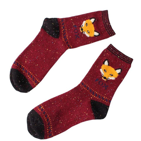 women casual vintage socks Retro animals patterns rabbit wool socks autumn winter cute cartoon fox wolf warm cotton socks lm75 - Wolfmall