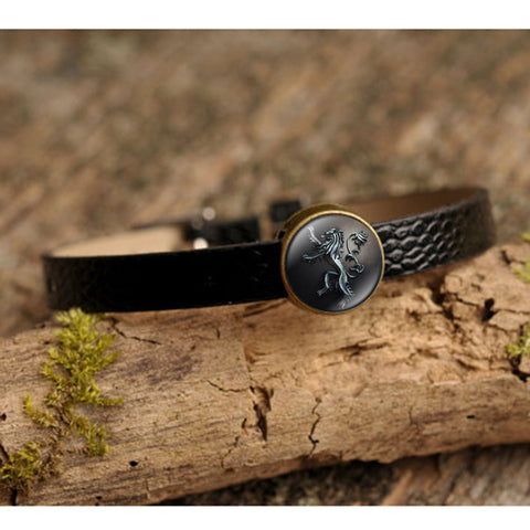 XUSHUI XJ Game of Thrones Bracelets & Bangles Stark Wolf Art Glass Cabochon Vintage Jewelry Black Pu Leather Bracelet Women Men - Wolfmall