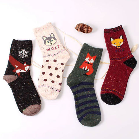 2017 New Fashhion Cute Korean Thick Wool Cotton Women Girl Crew Socks Spring And Summer Of Harajuku Animal Fox Wolf Striped Sox - Wolfmall