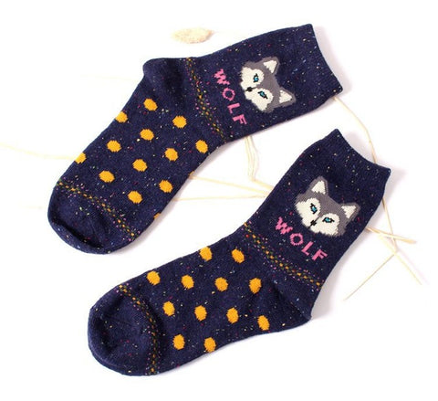 2017 New Fashhion Cute Korean Thick Wool Cotton Women Girl Crew Socks Spring And Summer Of Harajuku Animal Fox Wolf Striped Sox - Wolfmall