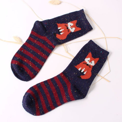 2017 New Fashhion Cute Korean Thick Wool Cotton Women Girl Crew Socks Spring And Summer Of Harajuku Animal Fox Wolf Striped Sox - Wolfmall