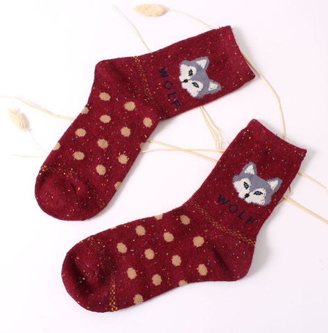 2017 New Fashhion Cute Korean Thick Wool Cotton Women Girl Crew Socks Spring And Summer Of Harajuku Animal Fox Wolf Striped Sox - Wolfmall