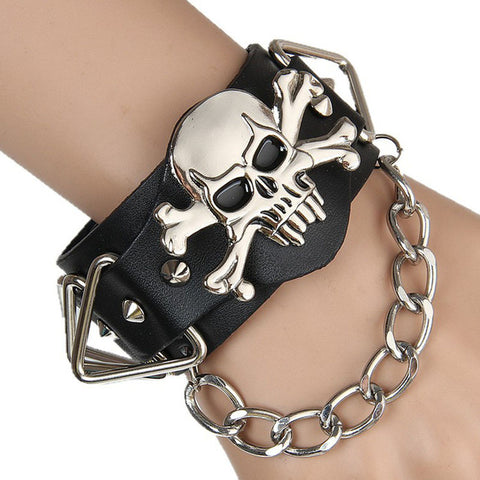 RE Genuine Leather Viking Wolf Bracelet Punk Harley Rider Rock Skeleton Skull Glove Cone Stud Spikes Rivet Chain Links Bangle - Wolfmall