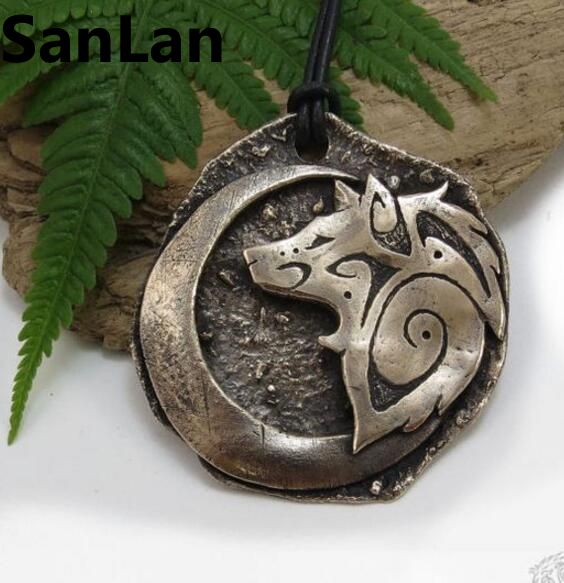 1pcs Large Tribal Wolf Necklace Crescent Moon Pendant Bronze Big Wolf Pendant Moon Necklace with Tribal Wolf SanLan - Wolfmall