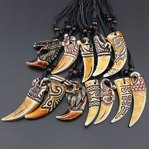 Wholesale 12pcs Mixed Cool Imitation Bone Carved Dragon Totem Shark/Wolf Tooth Pendant Necklace Amulet MN465 - Wolfmall