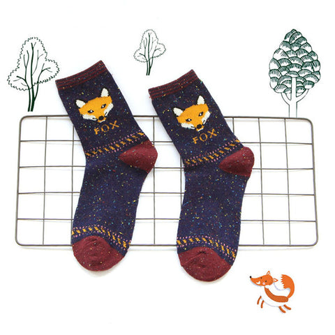 1 PCS Women Casual Socks Animals Patterns Rabbit Wool Socks Autumn Winter Cute Cartoon Fox Wolf Warm Cotton Socks ping - Wolfmall