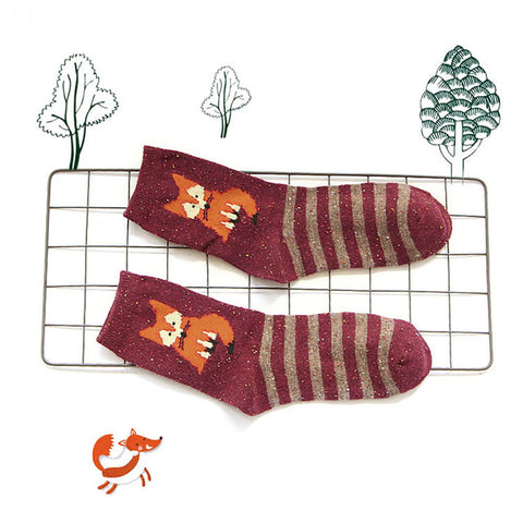 1 PCS Women Casual Socks Animals Patterns Rabbit Wool Socks Autumn Winter Cute Cartoon Fox Wolf Warm Cotton Socks ping - Wolfmall
