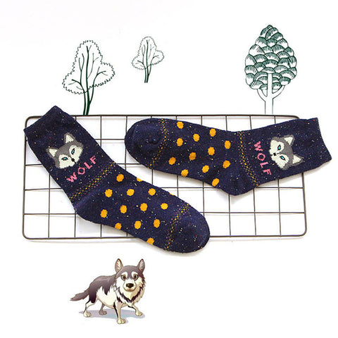 1 PCS Women Casual Socks Animals Patterns Rabbit Wool Socks Autumn Winter Cute Cartoon Fox Wolf Warm Cotton Socks ping - Wolfmall