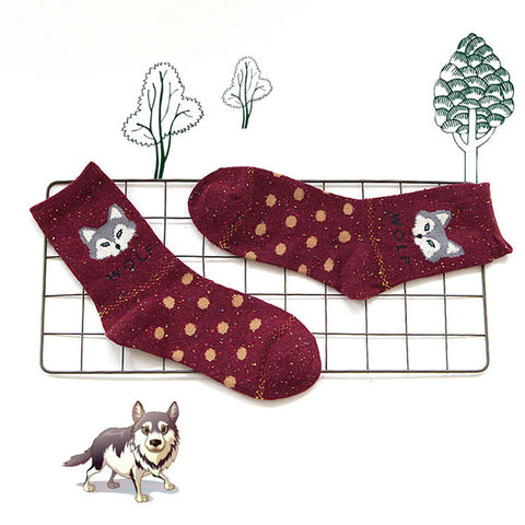 1 PCS Women Casual Socks Animals Patterns Rabbit Wool Socks Autumn Winter Cute Cartoon Fox Wolf Warm Cotton Socks ping - Wolfmall