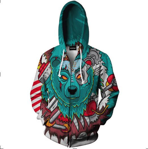 Cloudstyle Men's Winter Hoodies 20173D Printing Animals Sweatshirts With a Zipper Fashion Design Pullover Cat Dog Wolf Outswear - Wolfmall