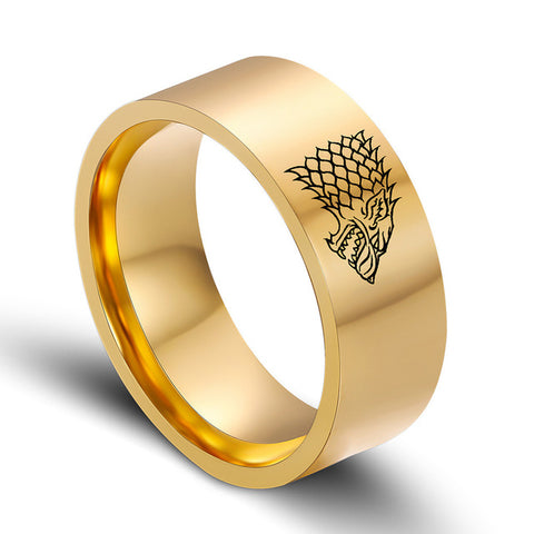 8 mm Stainless Steel Ring Gold & Black & Silver Color Male Game of Thrones Ice Wolf House Stark of Winterfell Men Rings - Wolfmall