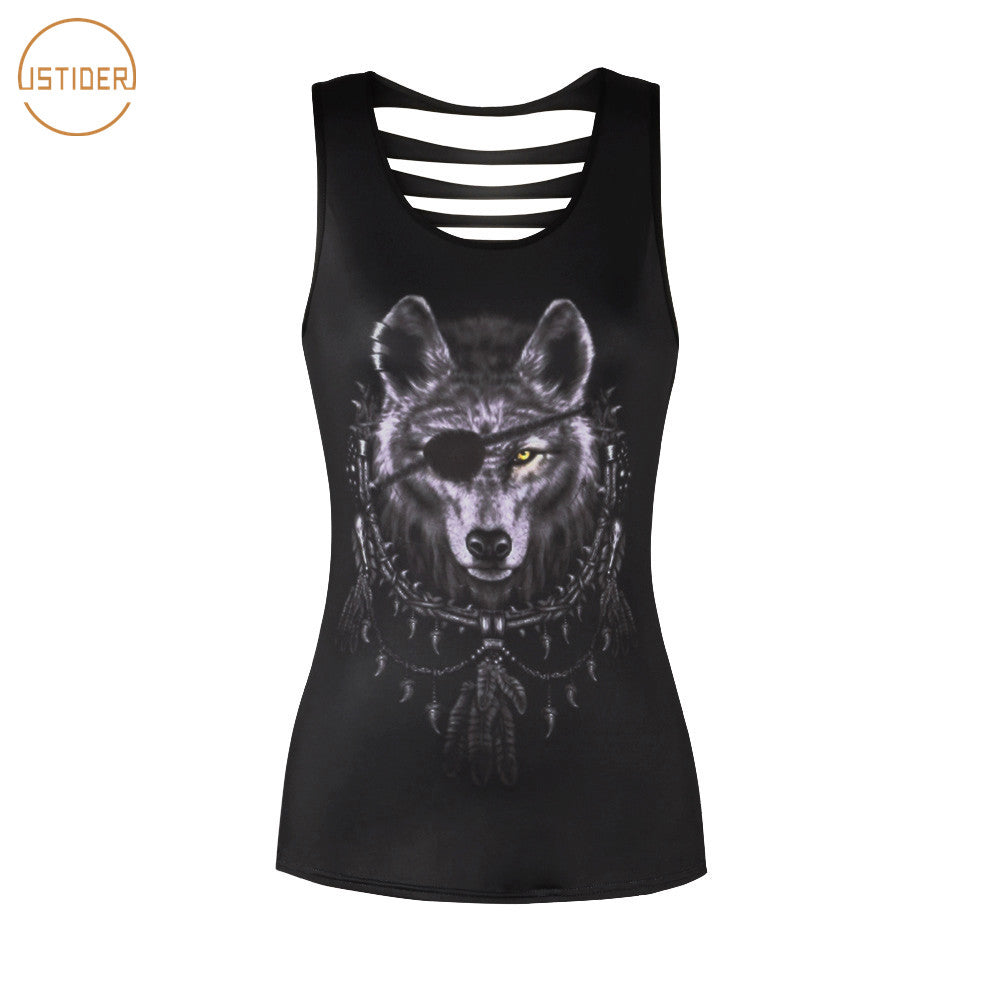 ISTider Digital Print One Eyed Wolf Black Shirts Sexy Hollow Out Blouse Korean Fashion Clothing Workout Fitness Vest Tank Top - Wolfmall