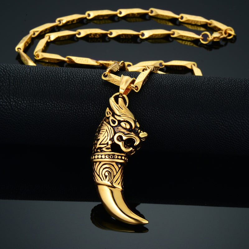 Hip Hop Men Gold Color Wolf Tooth Necklace Long Wolf Pendant Necklace Male Chain Stainless Steel Dragon Amulet Bijoux - Wolfmall