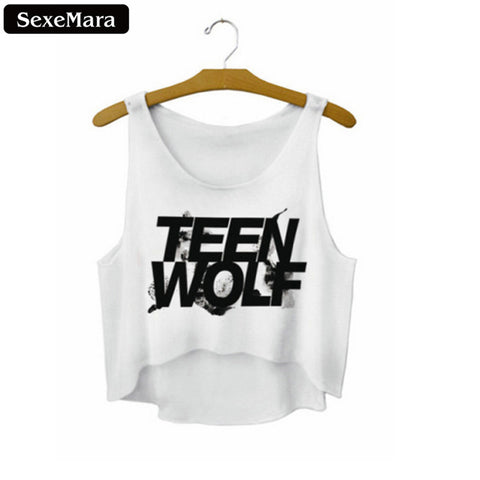 SexeMara 2018 "Teen Wolf" Letters Print White Crop Tops Summer Sexy Short Tank Tops Women Cropped Cute Fashion Loose Vest F722 - Wolfmall