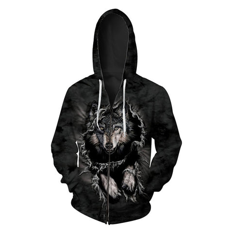 Hot Sale Wolf Printed Zipper Hoodies Men 3D Sweatshirt Quality Plus size Pullover Novelty 6XL Streetwear Male Hooded Jacket - Wolfmall