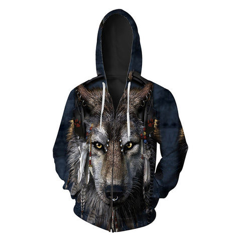 Hot Sale Wolf Printed Zipper Hoodies Men 3D Sweatshirt Quality Plus size Pullover Novelty 6XL Streetwear Male Hooded Jacket - Wolfmall