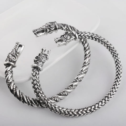 RJ Newest Fashion Handmade Opening Vikings of Midgard Bangles Double wolf Faucet Head Bracelet Two-headed Wolf Men Bracelet - Wolfmall