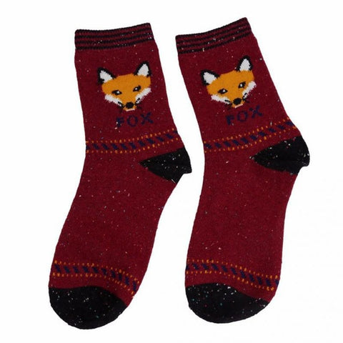 Cartoon Animal pattern Atumn Winter Thick Wool Cotton Socks cute Fox Elephant Wolf Snow-fox Deer Cat Owl print Christmas Sock - Wolfmall