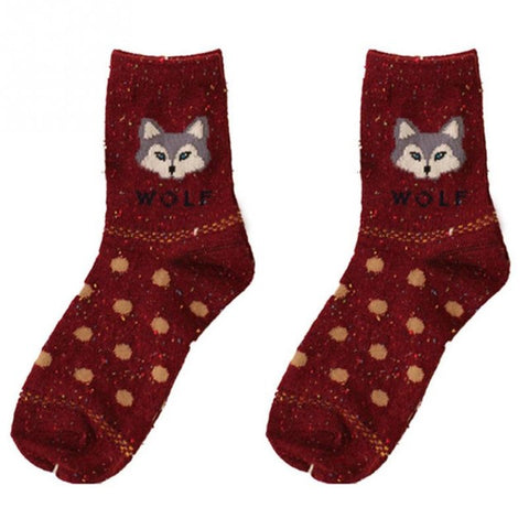 Cartoon Animal pattern Atumn Winter Thick Wool Cotton Socks cute Fox Elephant Wolf Snow-fox Deer Cat Owl print Christmas Sock - Wolfmall