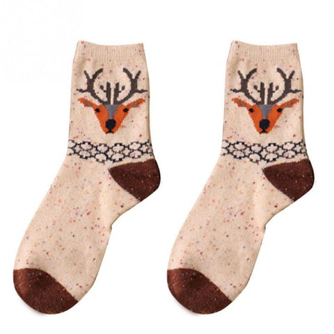Cartoon Animal pattern Atumn Winter Thick Wool Cotton Socks cute Fox Elephant Wolf Snow-fox Deer Cat Owl print Christmas Sock - Wolfmall