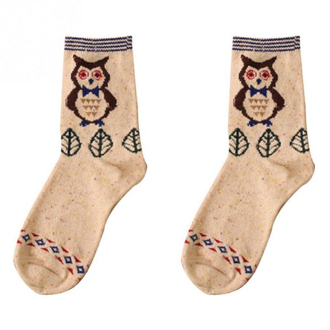 Cartoon Animal pattern Atumn Winter Thick Wool Cotton Socks cute Fox Elephant Wolf Snow-fox Deer Cat Owl print Christmas Sock - Wolfmall