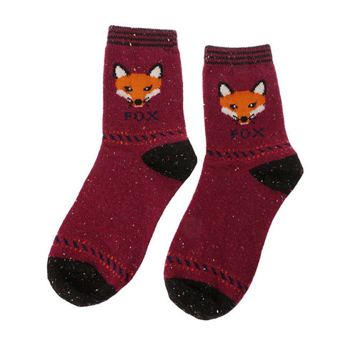 Women Cute Fox Wolf Pattern Winter Warm Rabbit Wool Blend Crew Calf Tube Socks - Wolfmall