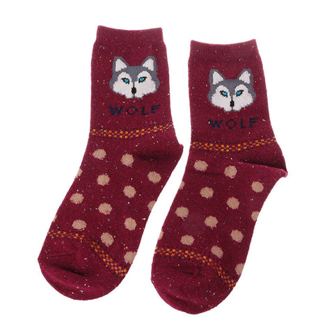 Women Cute Fox Wolf Pattern Winter Warm Rabbit Wool Blend Crew Calf Tube Socks - Wolfmall