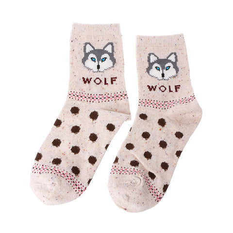 Women Cute Fox Wolf Pattern Winter Warm Rabbit Wool Blend Crew Calf Tube Socks - Wolfmall