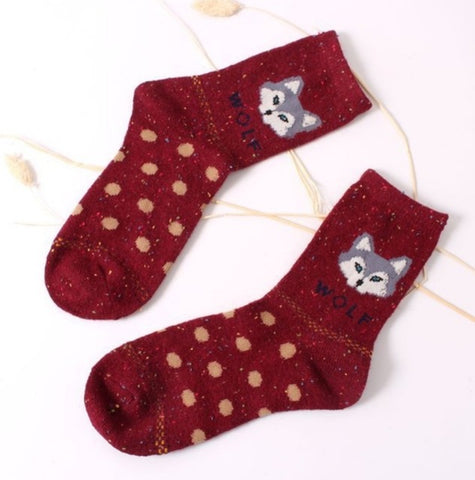 Fashhion Cute Korean Thick Wool Cotton Women Girl Crew Socks Spring And Summer Of Harajuku Animal Fox Wolf Striped Sox - Wolfmall