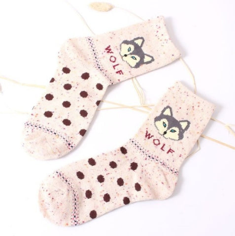Fashhion Cute Korean Thick Wool Cotton Women Girl Crew Socks Spring And Summer Of Harajuku Animal Fox Wolf Striped Sox - Wolfmall