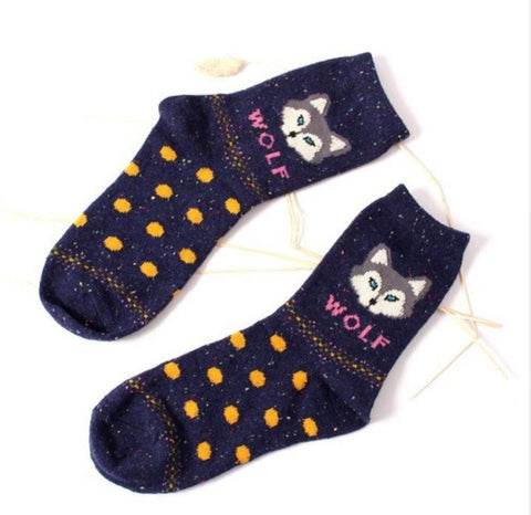 Fashhion Cute Korean Thick Wool Cotton Women Girl Crew Socks Spring And Summer Of Harajuku Animal Fox Wolf Striped Sox - Wolfmall