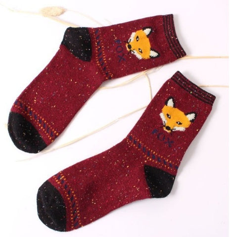 Fashhion Cute Korean Thick Wool Cotton Women Girl Crew Socks Spring And Summer Of Harajuku Animal Fox Wolf Striped Sox - Wolfmall