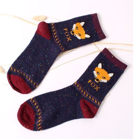 Fashhion Cute Korean Thick Wool Cotton Women Girl Crew Socks Spring And Summer Of Harajuku Animal Fox Wolf Striped Sox - Wolfmall