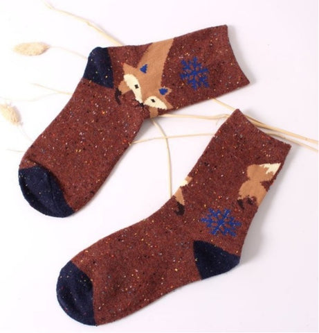 Fashhion Cute Korean Thick Wool Cotton Women Girl Crew Socks Spring And Summer Of Harajuku Animal Fox Wolf Striped Sox - Wolfmall