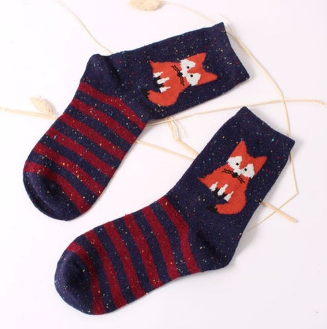 Fashhion Cute Korean Thick Wool Cotton Women Girl Crew Socks Spring And Summer Of Harajuku Animal Fox Wolf Striped Sox - Wolfmall