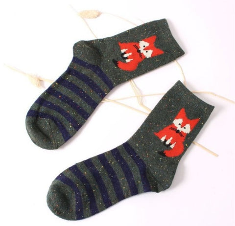 Fashhion Cute Korean Thick Wool Cotton Women Girl Crew Socks Spring And Summer Of Harajuku Animal Fox Wolf Striped Sox - Wolfmall
